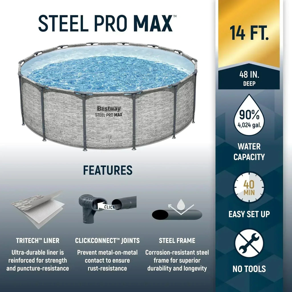 Steel Pro MAX 14 Foot x 48 Inch Round Metal Frame Above Ground Outdoor Swimming Pool Set