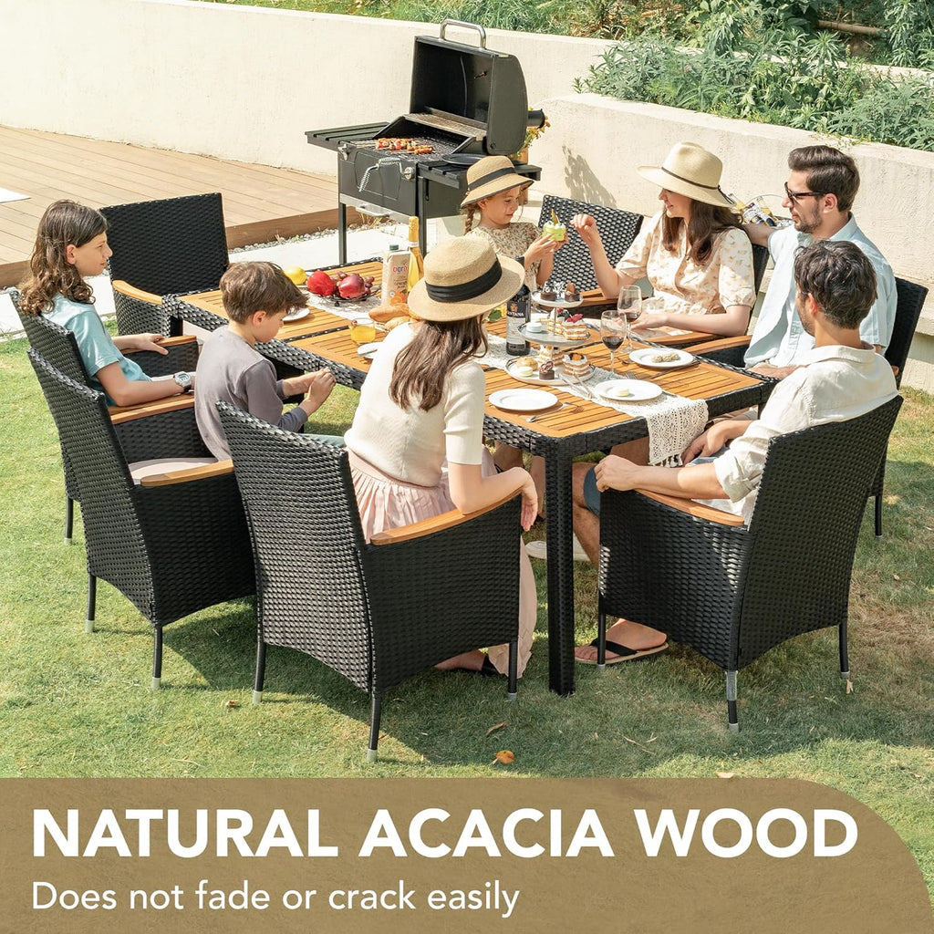 Devoko Dining 7 PCS Furniture, Patio Conversation Set with Acacia Wood Table Top, Rattan Outdoor, Black