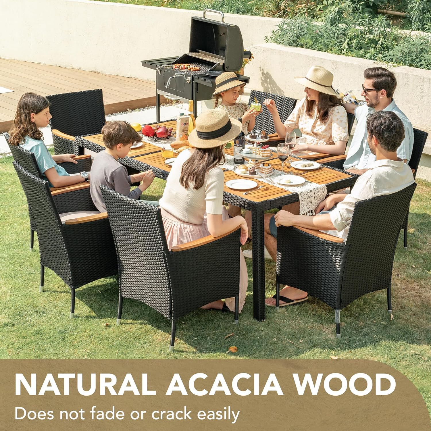 Devoko Dining 7 PCS Furniture, Patio Conversation Set with Acacia Wood Table Top, Rattan Outdoor, Black