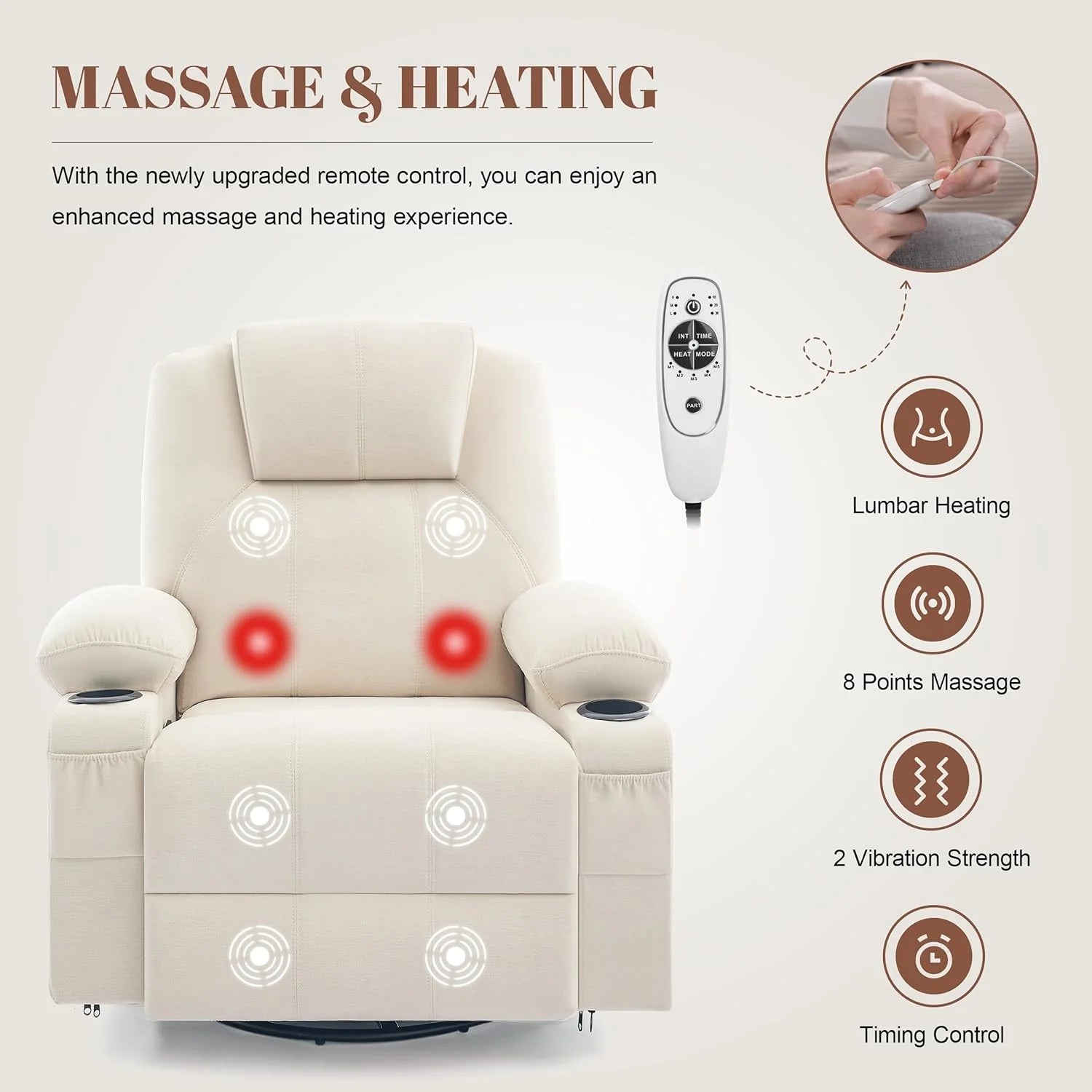 Large Swivel Rocking Recliner with Heating and Massage Function, 360 Degree Swivel Rocking Single Sofa