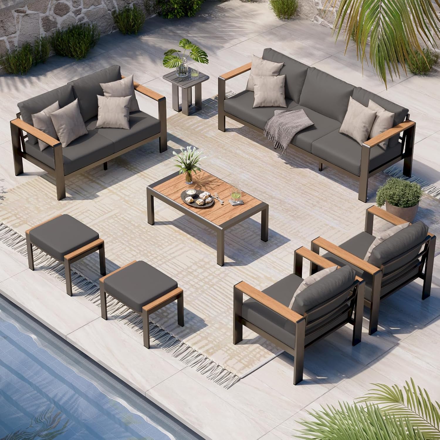 Aluminum Outdoor Patio Furniture Set with Coffee Table, 4 Piece Patio Conversation Sets with Washable Thick Cushions