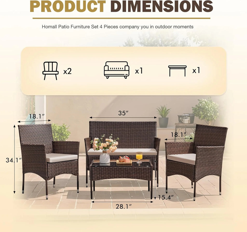 Homall 4 Pieces Outdoor Patio Furniture Sets Rattan Chair Wicker Set, Outdoor Indoor Use Backyard Porch Garden Poolside Balcony Furniture Sets (Grey)