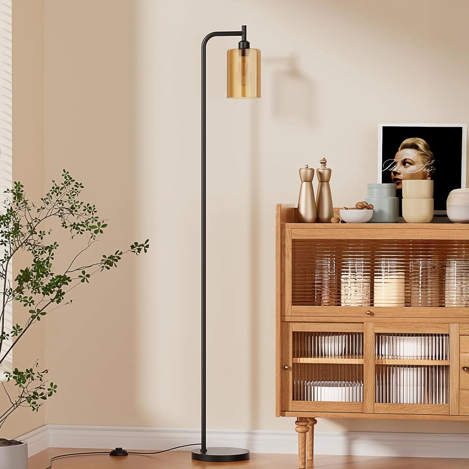Modern Black Floor Lamp with Clear Glass Shade and LED Bulb