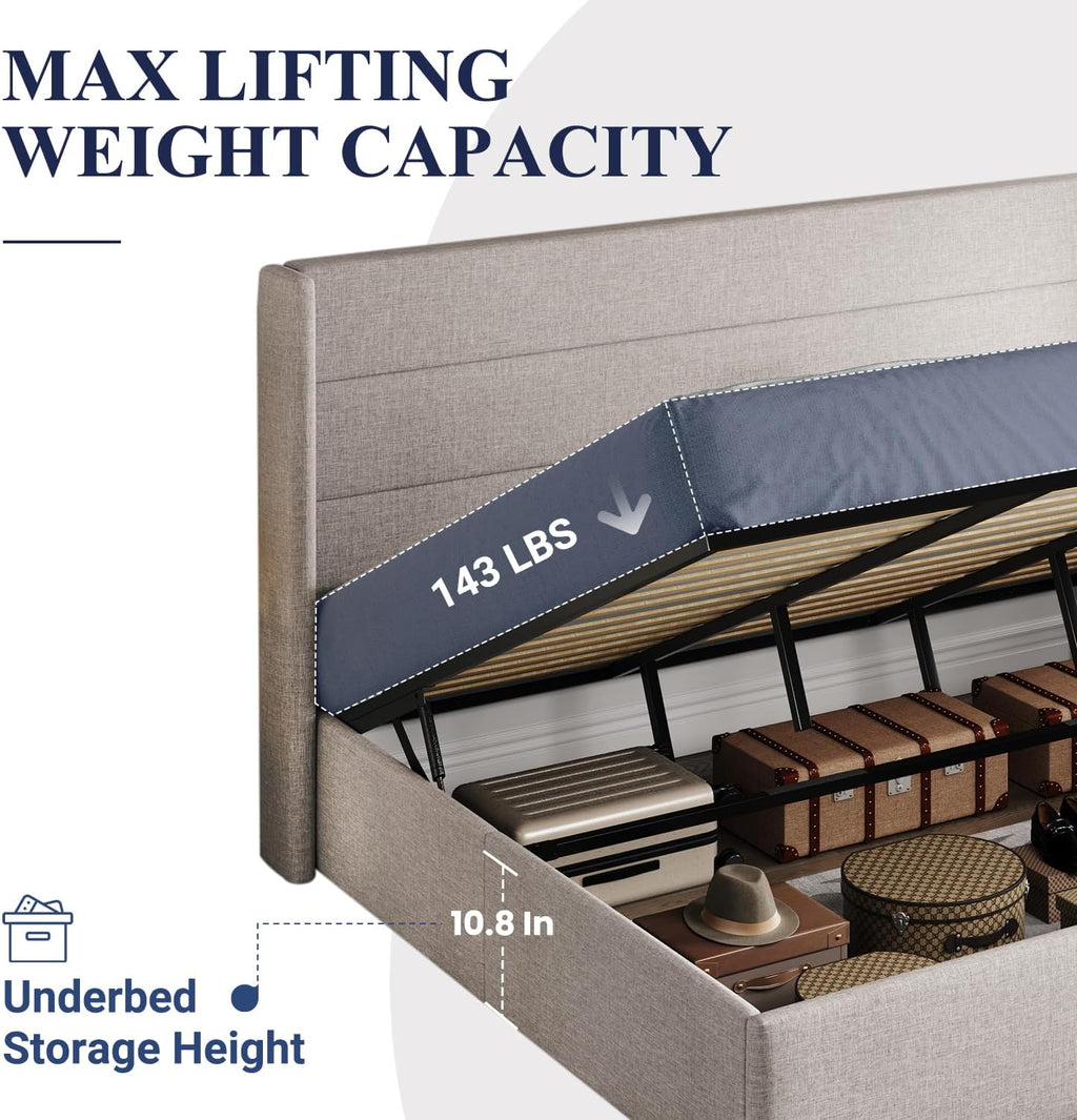 Allewie Queen Size Lift Up Storage Bed Modern Wingback Headboard Hydraulic Support
