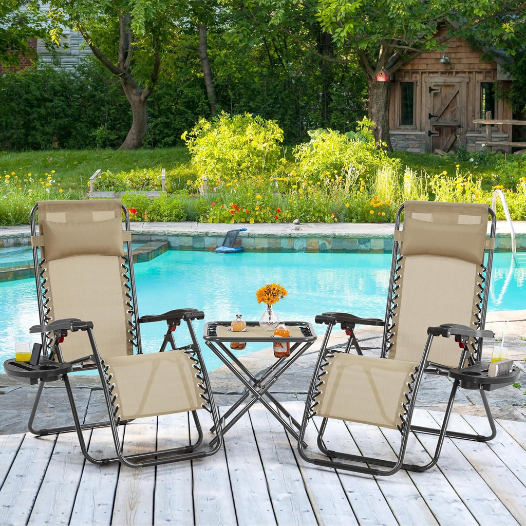 3PCS Zero Gravity Recliner Portable Outdoor Reclining Chair Set Side Table Lounge Chairs