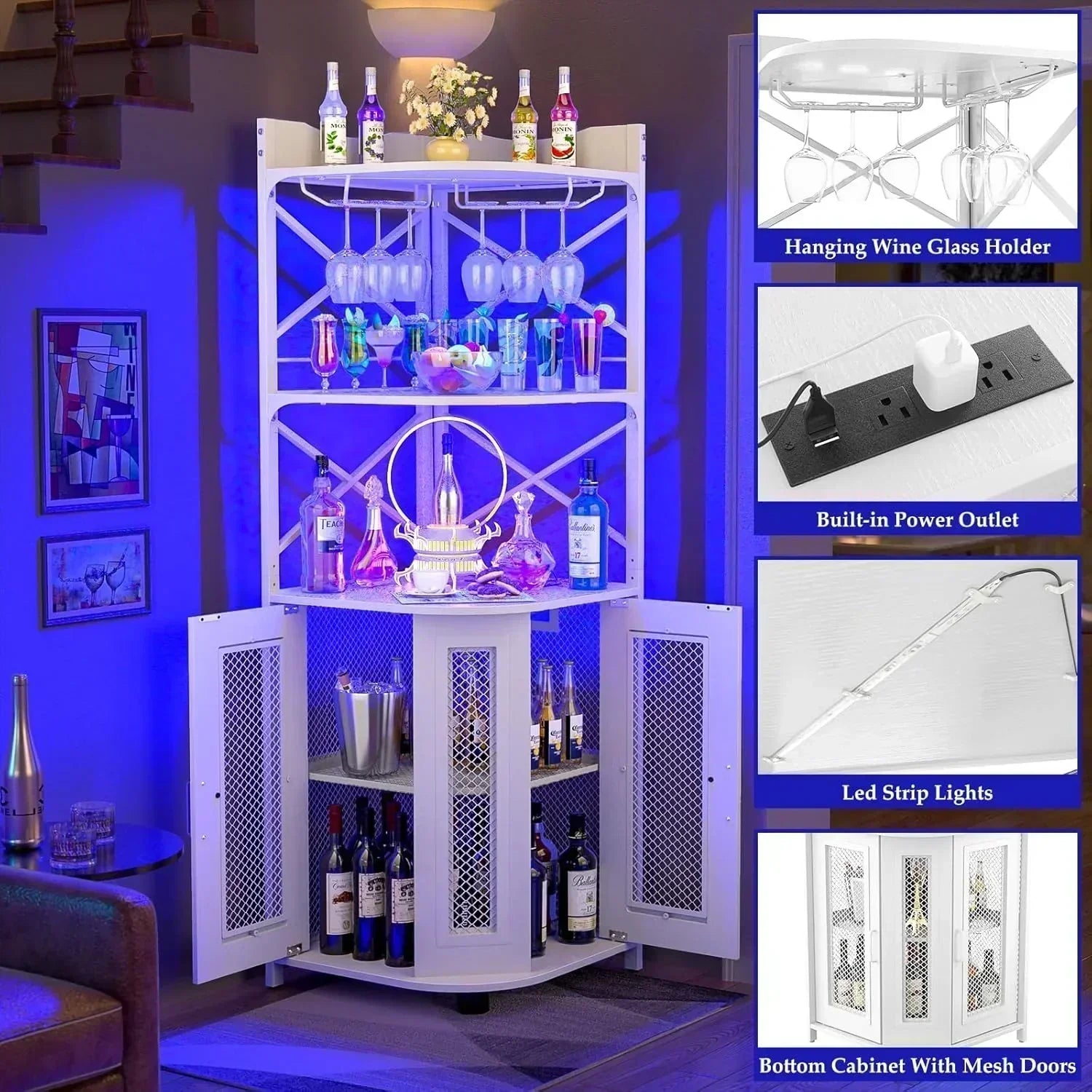 Corner bar cabinet with power socket industrial style wine cabinet light strip and glass rack