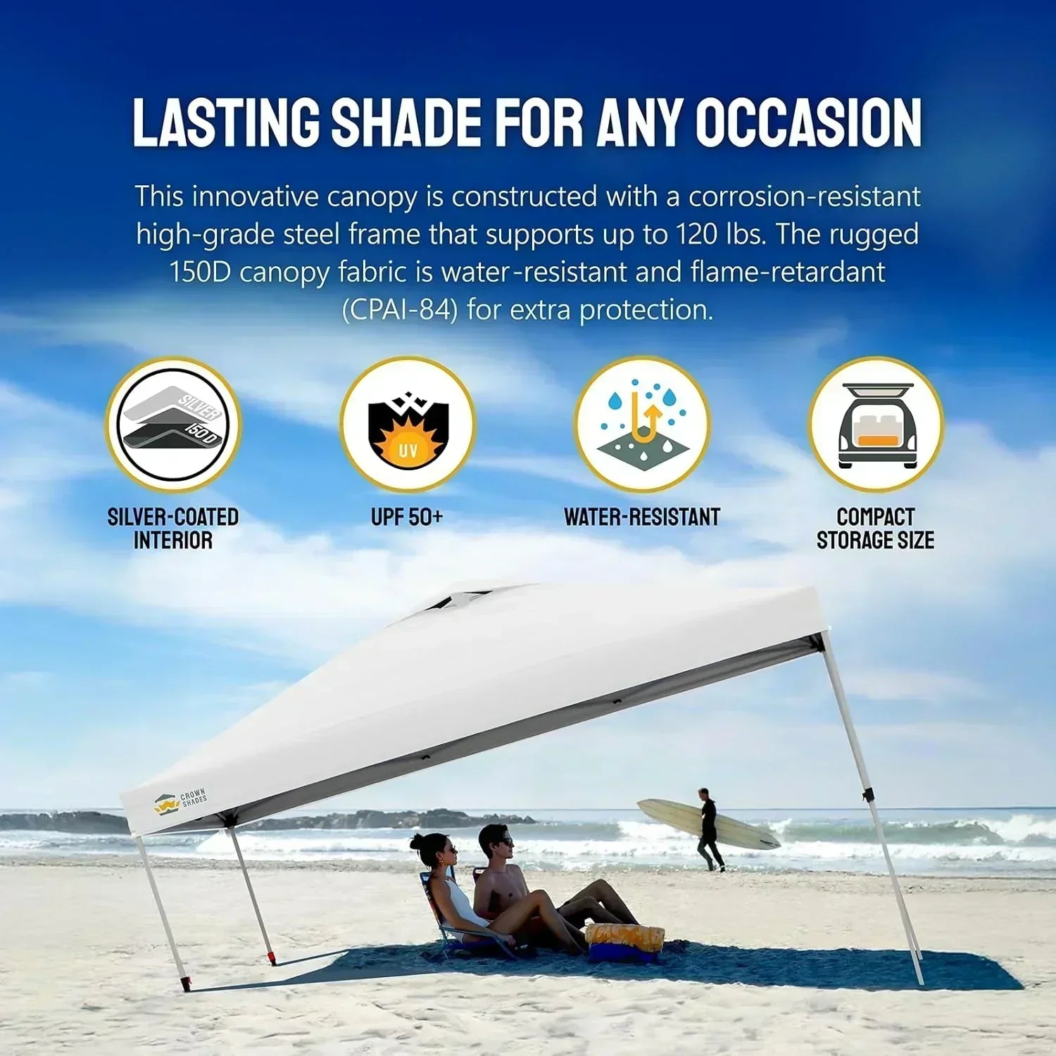 10x10 Pop-Up Awning One-Click Installation Beach Tent Outdoor Sunshade Silver Coated Top