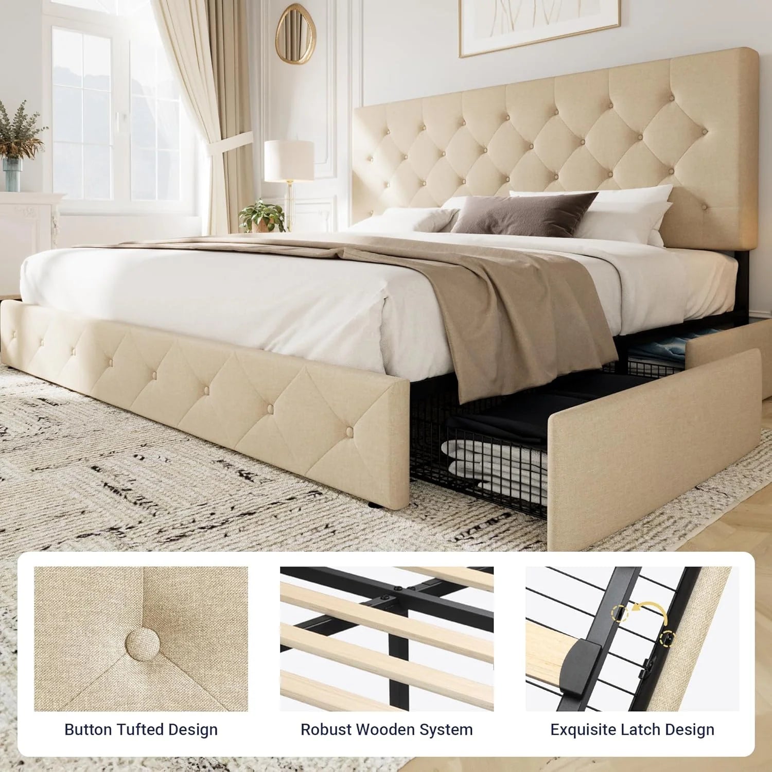 Allewie Upholstered Queen Size Platform Bed Frame with 4 Storage Drawers and Headboard
