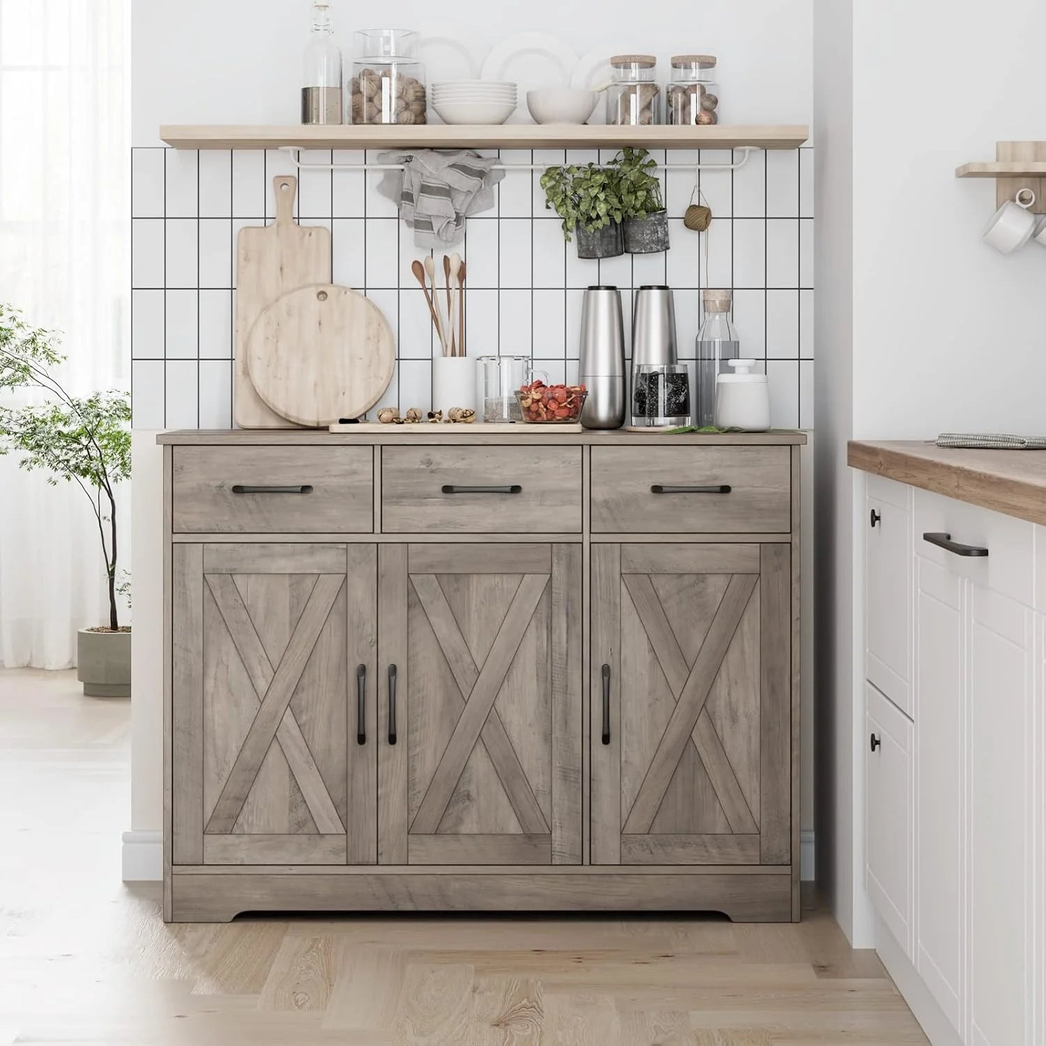 Modern farmhouse sideboard, barn door buffet storage cabinet with drawers and shelves, wooden coffee bar with storage