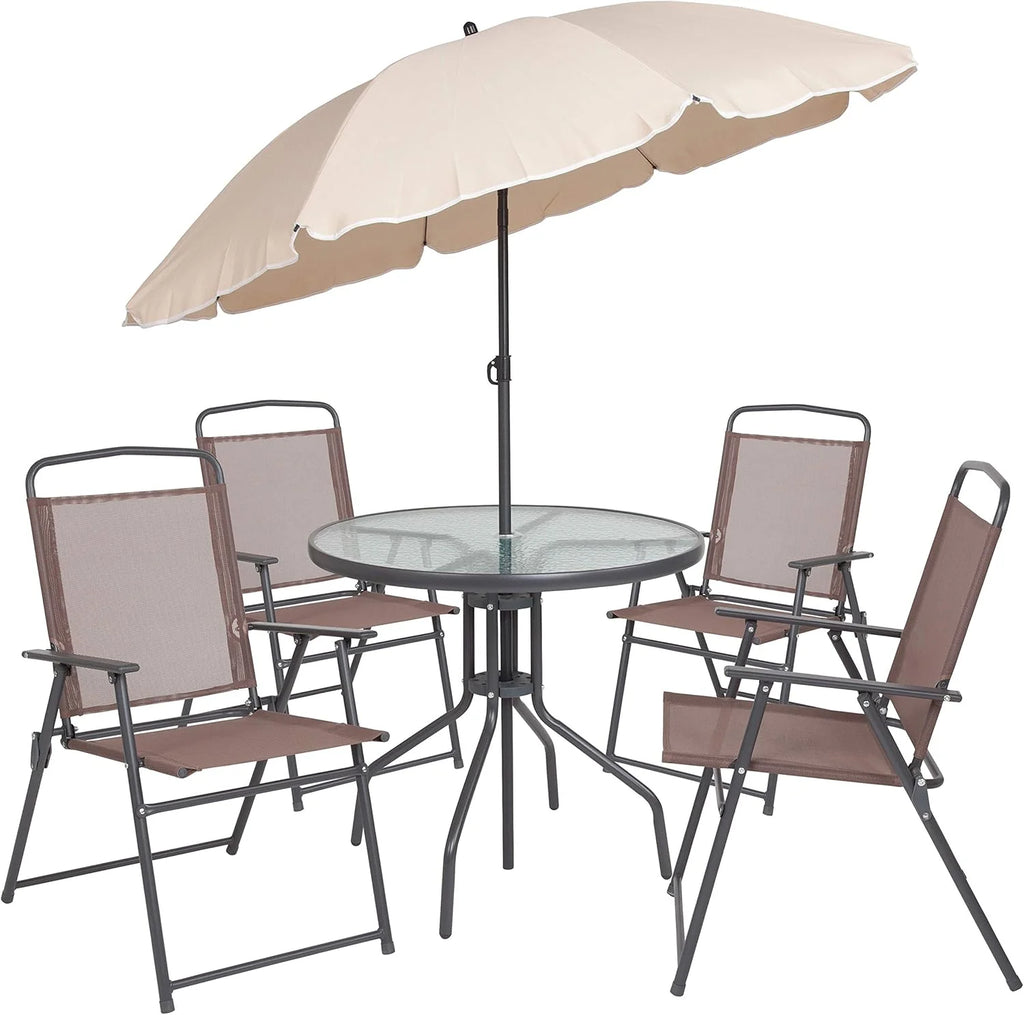 EMMA + OLIVER 6 Piece Brown Patio Garden Set with Umbrella Table and Set of 4 Folding Chairs