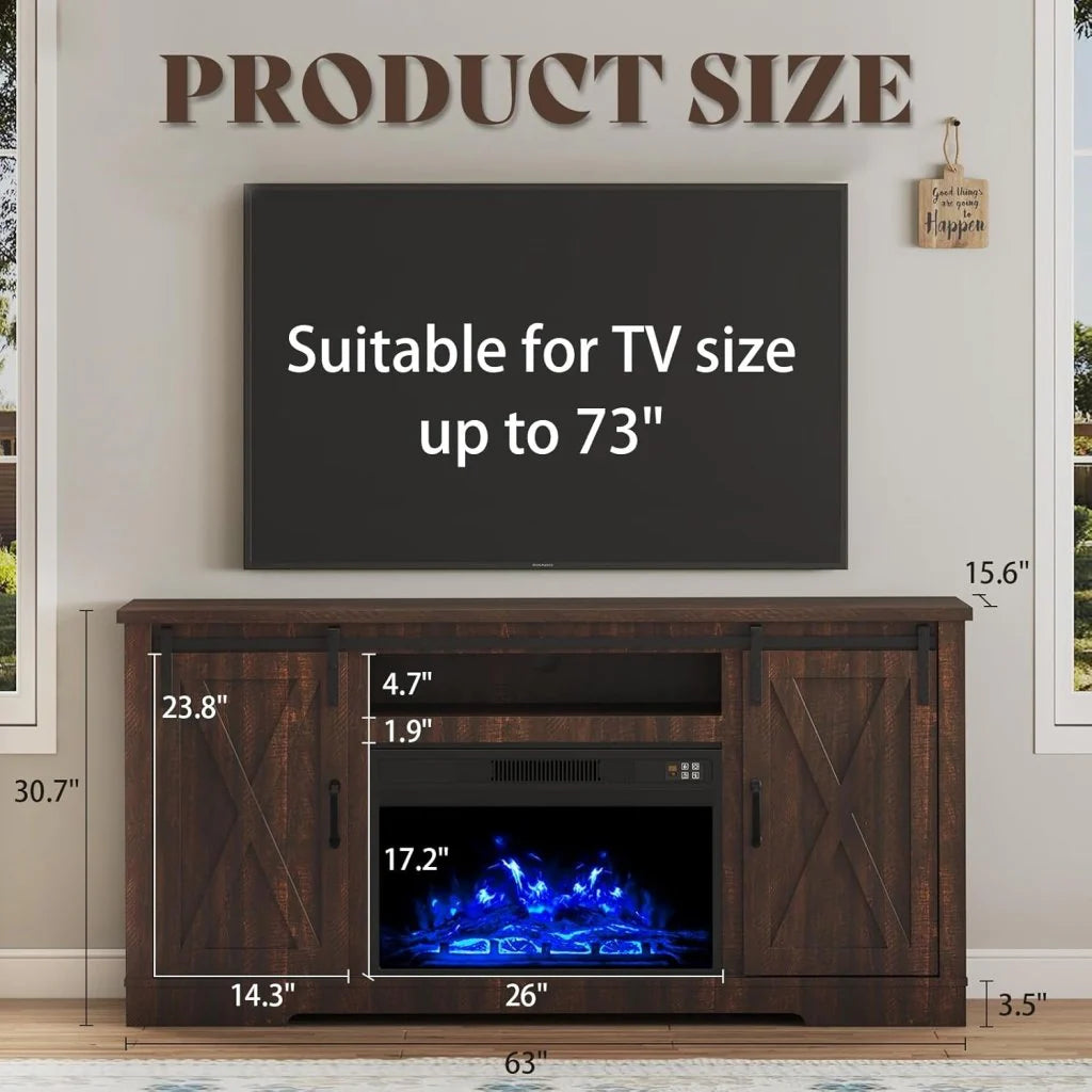 AMERLIFE Fireplace TV Stand with Sliding Barn Door for TVs up to 73, Farmhouse 63 Fireplace Entertainment Center with Storage Cabinets/Adjustable Shelves