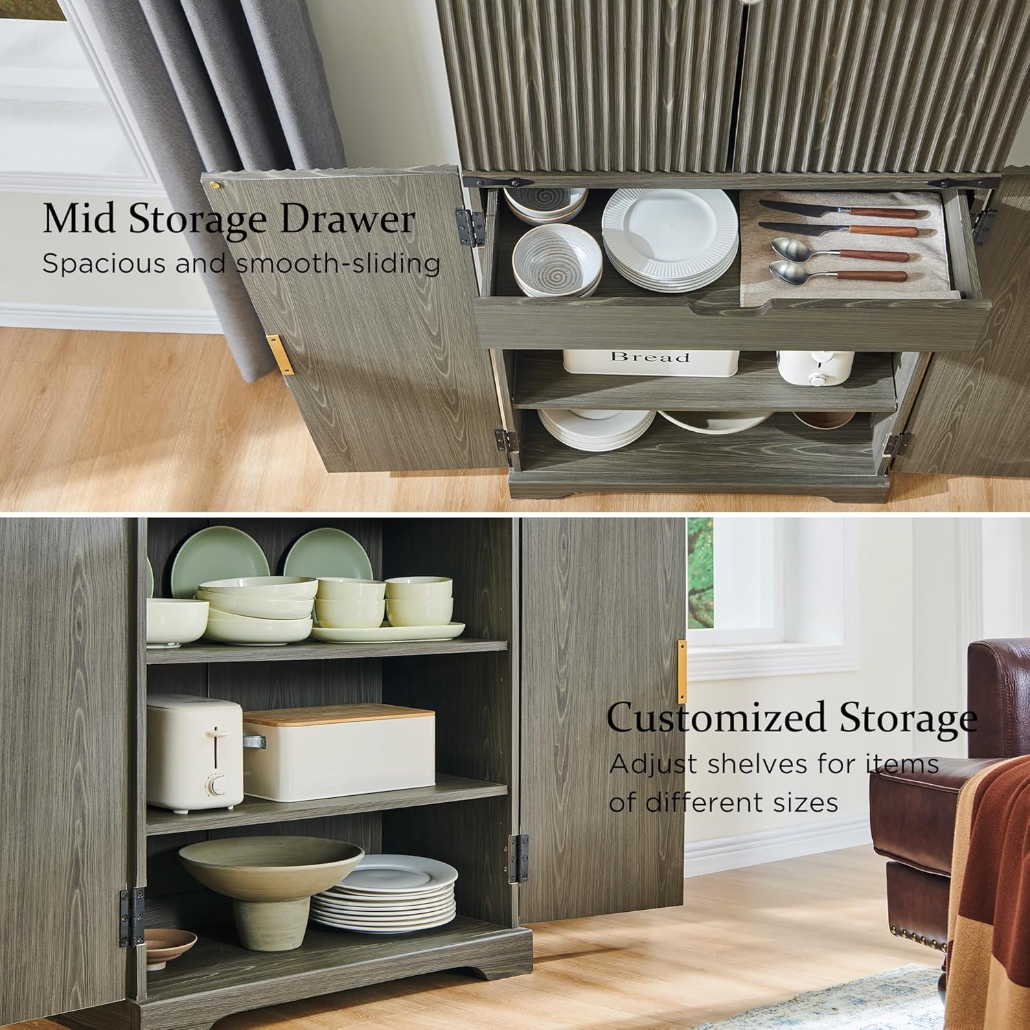 Fluted Pantry Cabinet 72 Tall Modern Storage Cabinet with 4 Doors Organizer Drawer