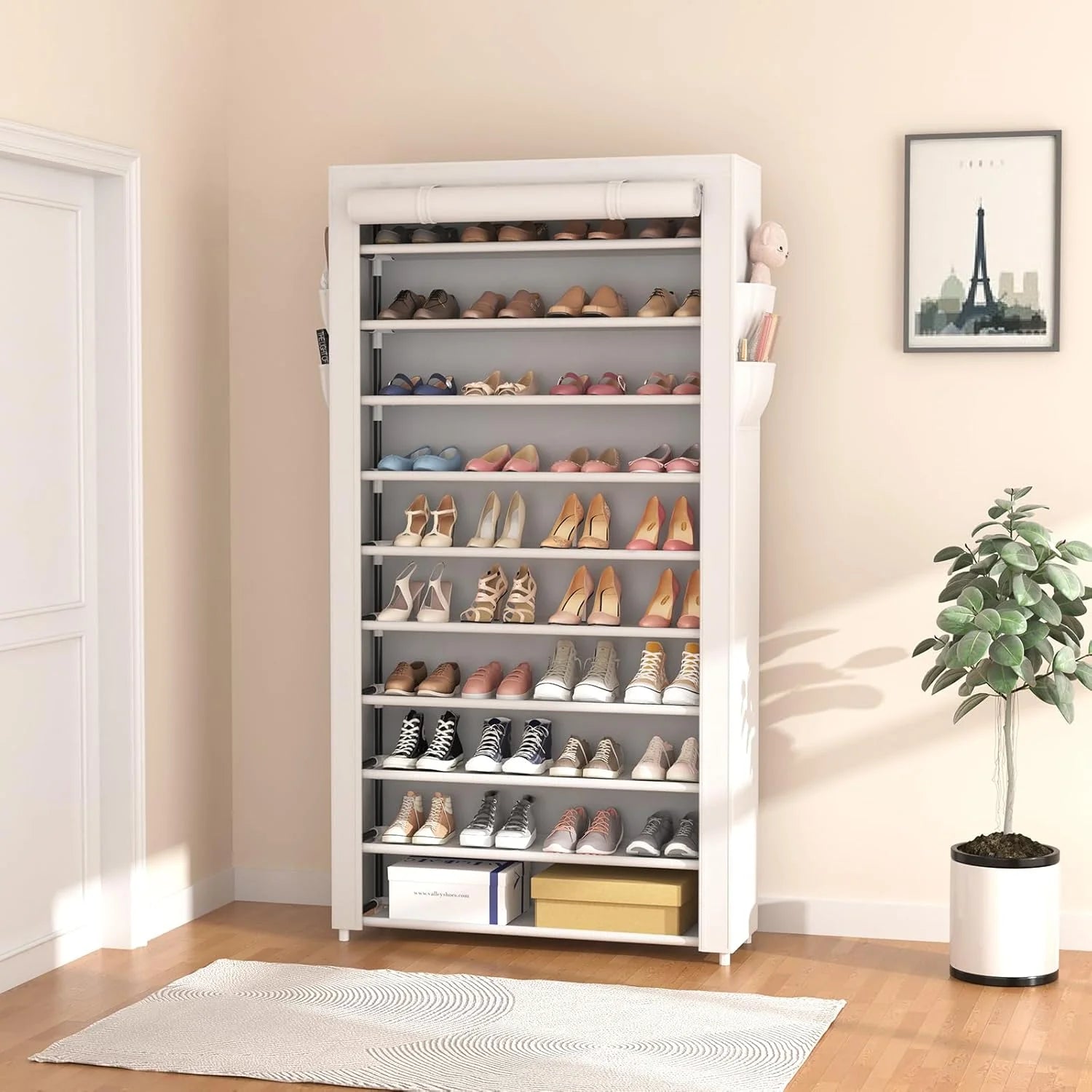 ROJASOP 10 Tier Shoe Rack with Covers Large Capacity Stackable Tall Shoe Shelf Storage