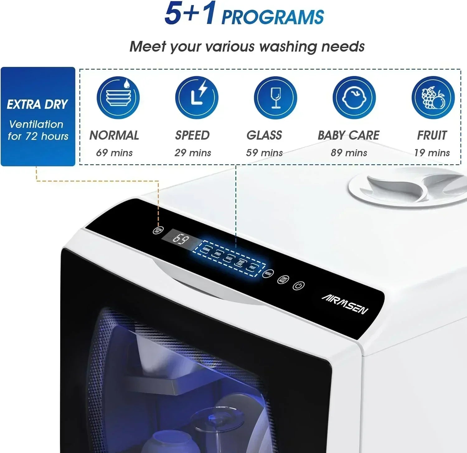 AIRMSEN portable tabletop dishwasher 5 washing programs mini dishwasher