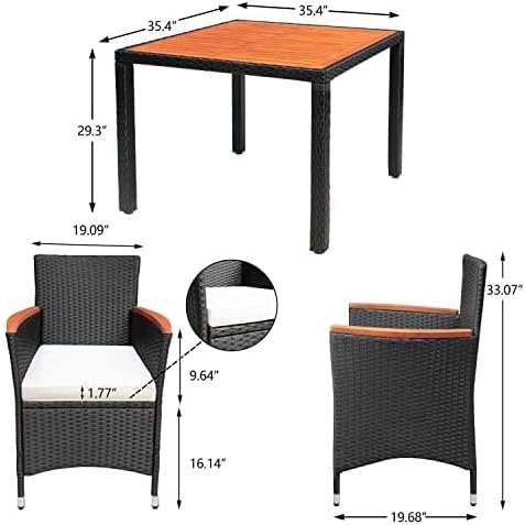 Devoko Dining 7 PCS Furniture, Patio Conversation Set with Acacia Wood Table Top, Rattan Outdoor, Black