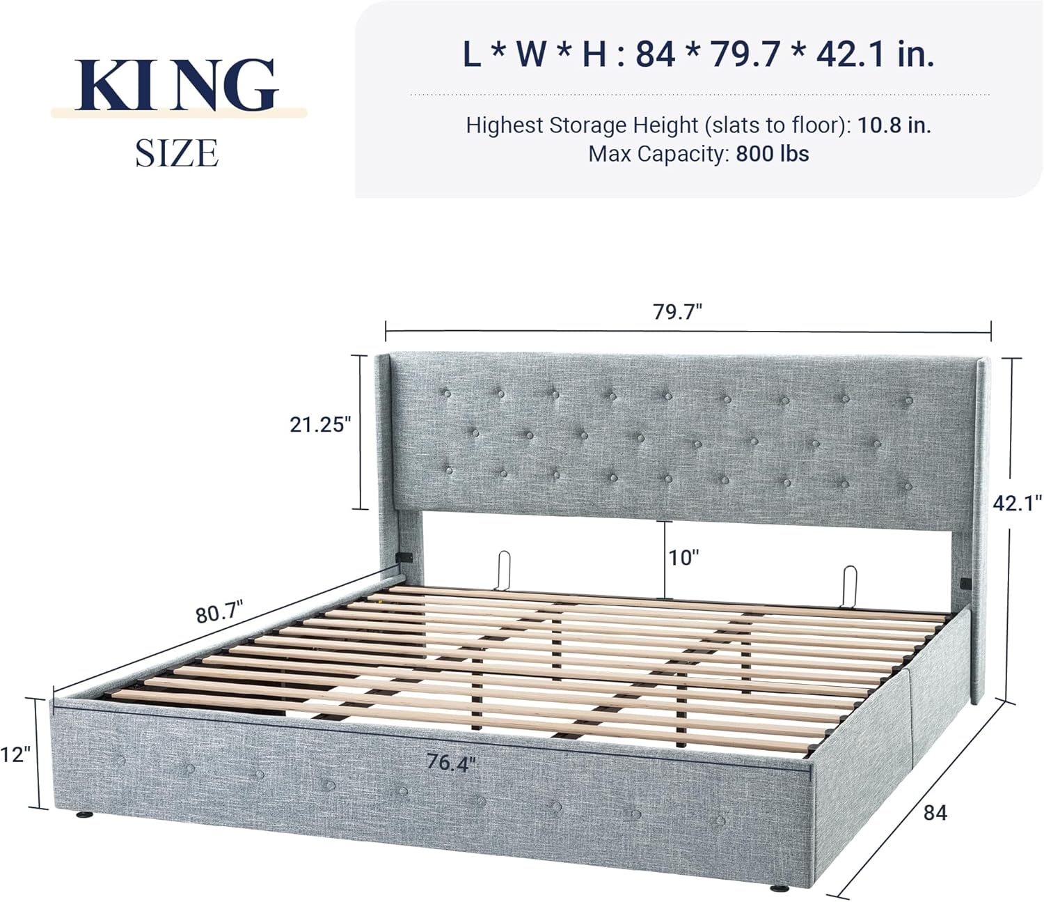 Allewie Queen Size Lift Up Storage Bed Modern Wingback Headboard Hydraulic Support