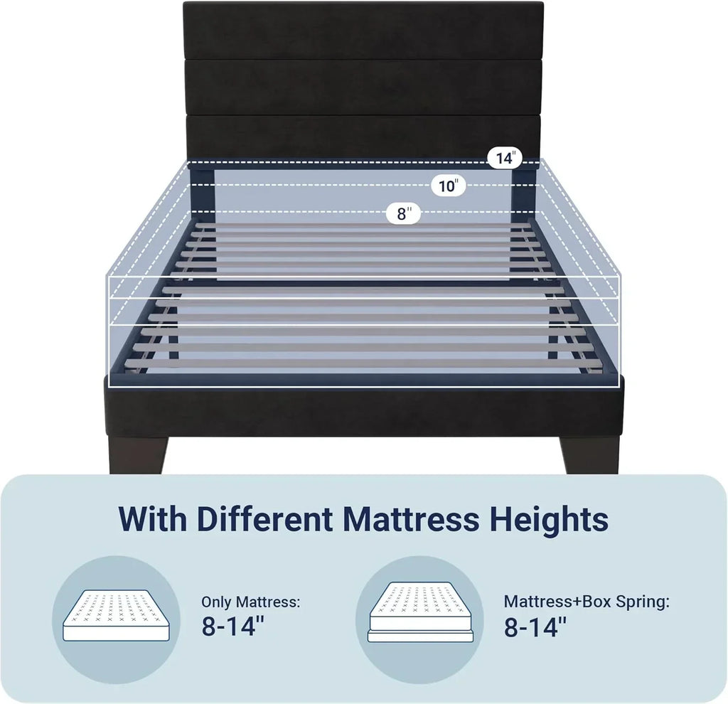 Allewie King size platform bed frame with velvet upholstered headboard and planks