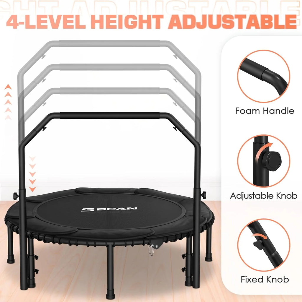 BCAN 450/550 LBS Foldable Mini Trampoline, 40/48 Fitness Trampoline with Bungees, U Shape Adjustable Foam Handle, Stable & Quiet Exercise Rebounder for Adults Indoor/Outdoor Workout