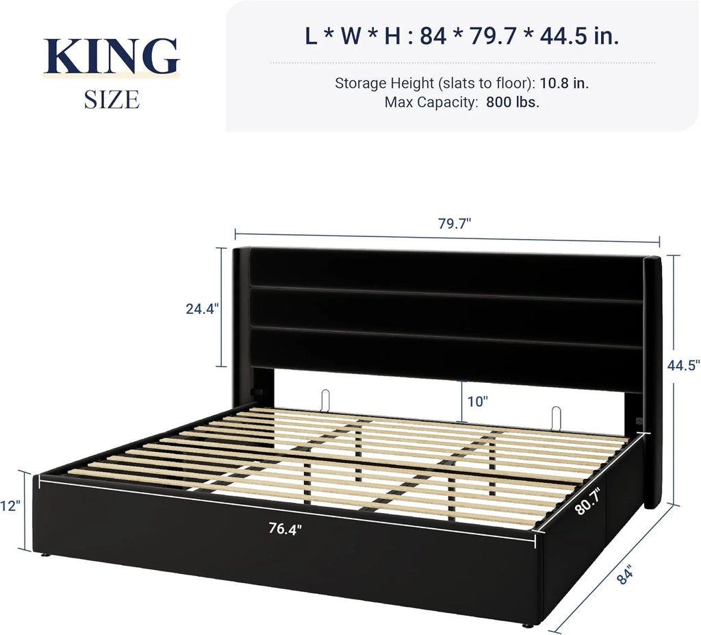 Allewie Queen Size Lift Up Storage Bed Modern Wingback Headboard Hydraulic Support