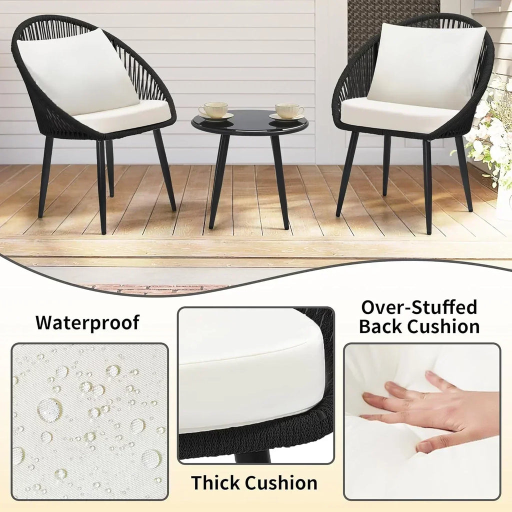 3 Piece Bistro Set Woven Rope Chair with Cushions All Weather Patio Conversation Set Side Table