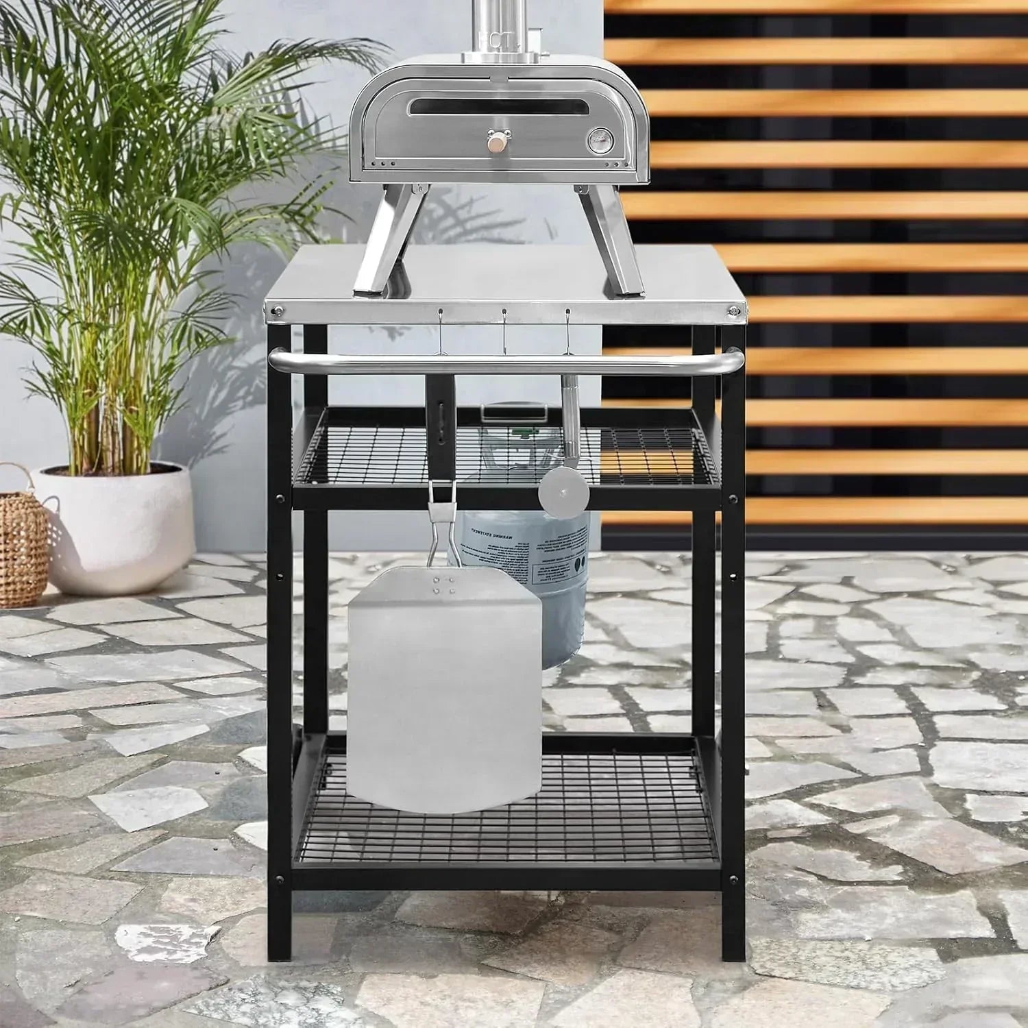 Stainless Steel Outdoor Grill Cart Pizza Oven Stand Trolley Table with Wheels Three-Shelf