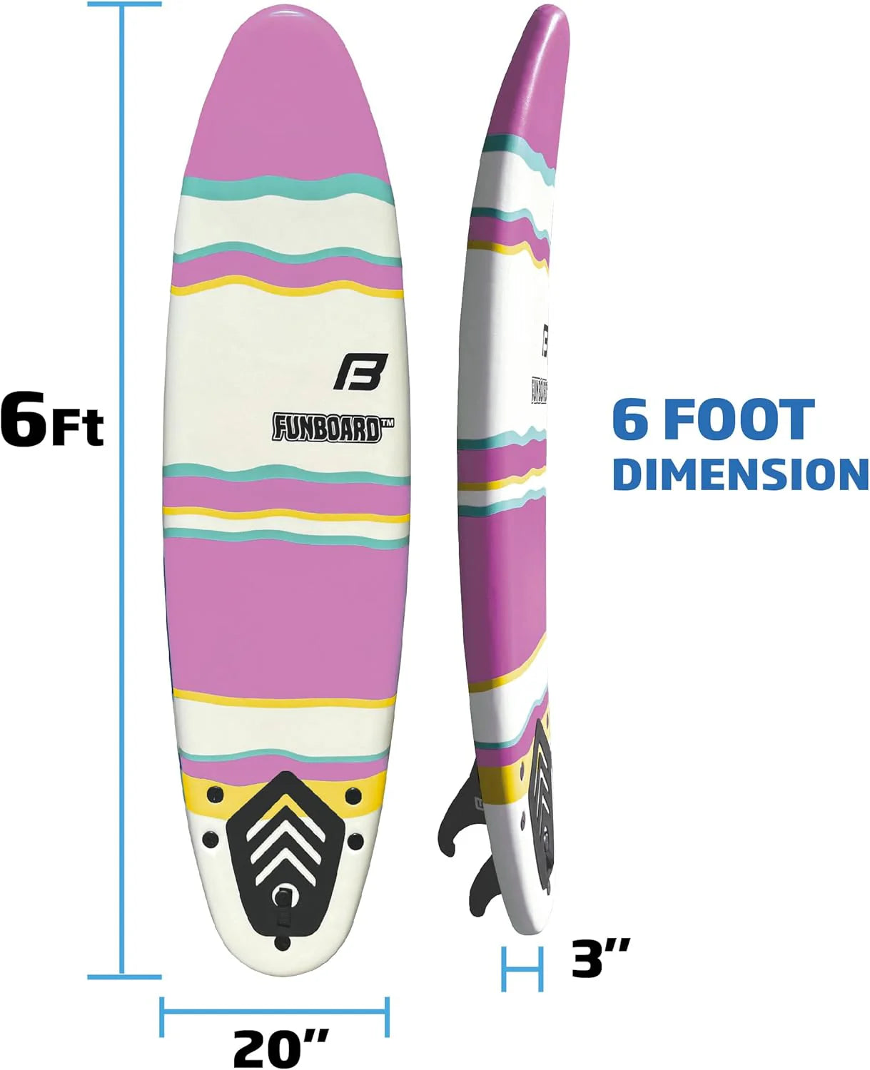 6 FUNBOARD Surfboard Softboard Foam Include (3) Fins 6 Foot Leash and (2) Wood Stringers