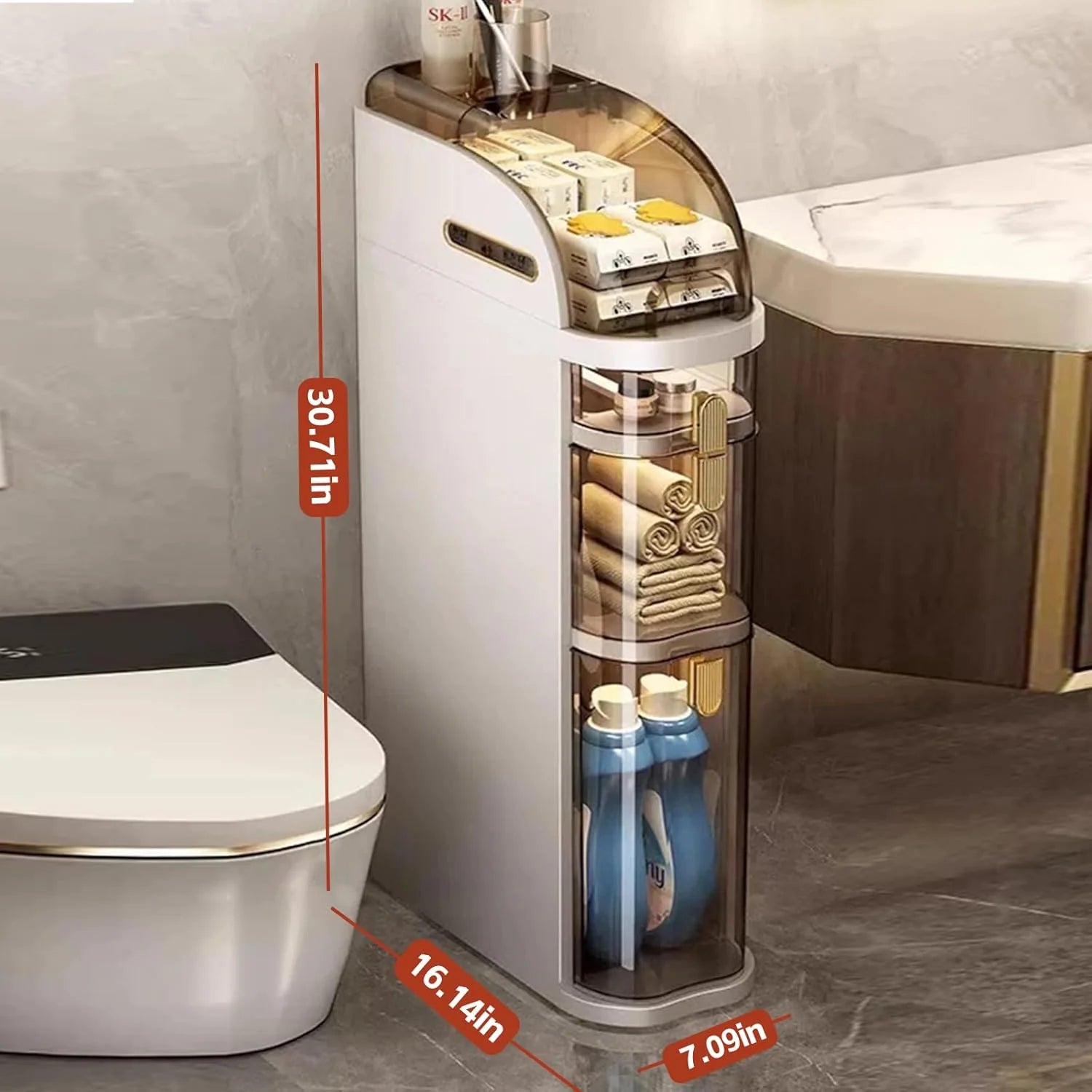 4-Tiers Narrow Bathroom Storage Cabinet 7.1 Slim Bathroom Floor Organizer with Drawers