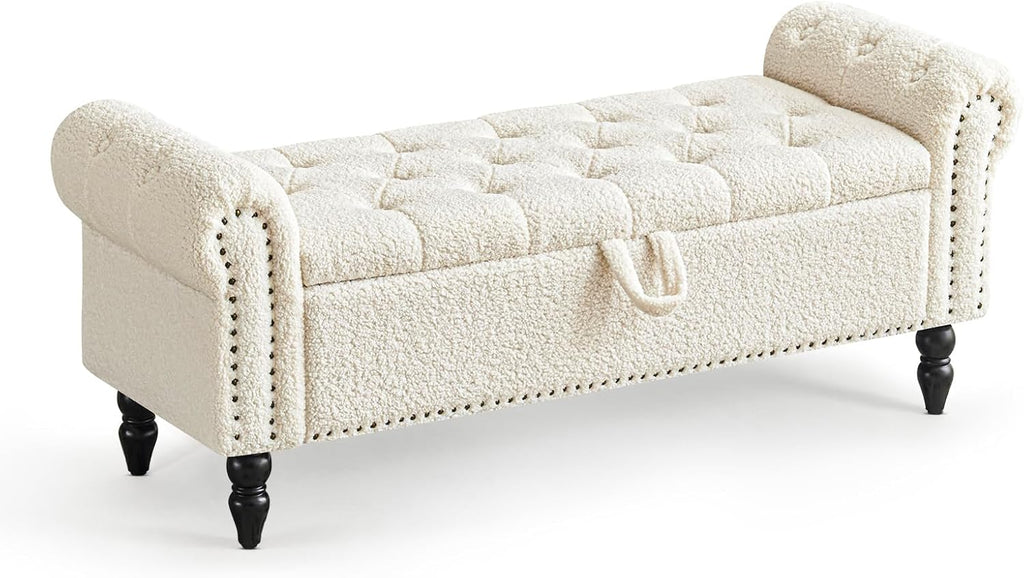 Furniliving Modern Storage Ottoman Bench, Sherpa Ottoman End of Bed Bench with Solid Wood Legs Upholstered Ottoman Benches with Storage Indoor Bench for Living Room with Rolled Arm, Entryway, White