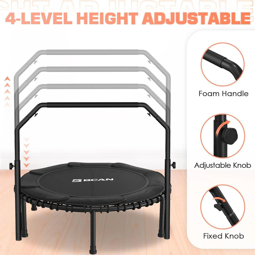 BCAN 450/550 LBS Foldable Mini Trampoline, 40/48 Fitness Trampoline with Bungees, U Shape Adjustable Foam Handle, Stable & Quiet Exercise Rebounder for Adults Indoor/Outdoor Workout