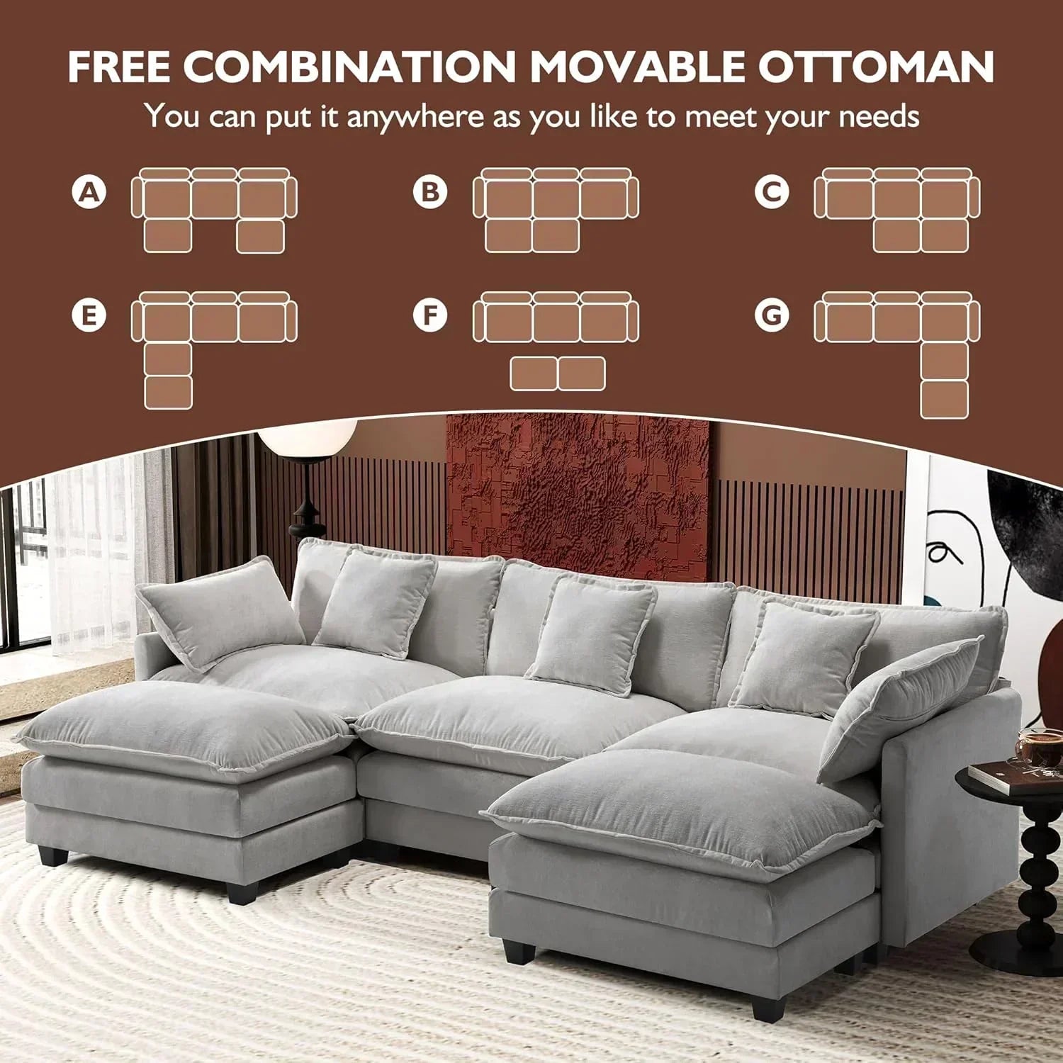111.4 Inch L Shaped Modern Sofa Modular Cloud Sofa with Ottoman 4 Seater Chenille Deep Seat Sofa