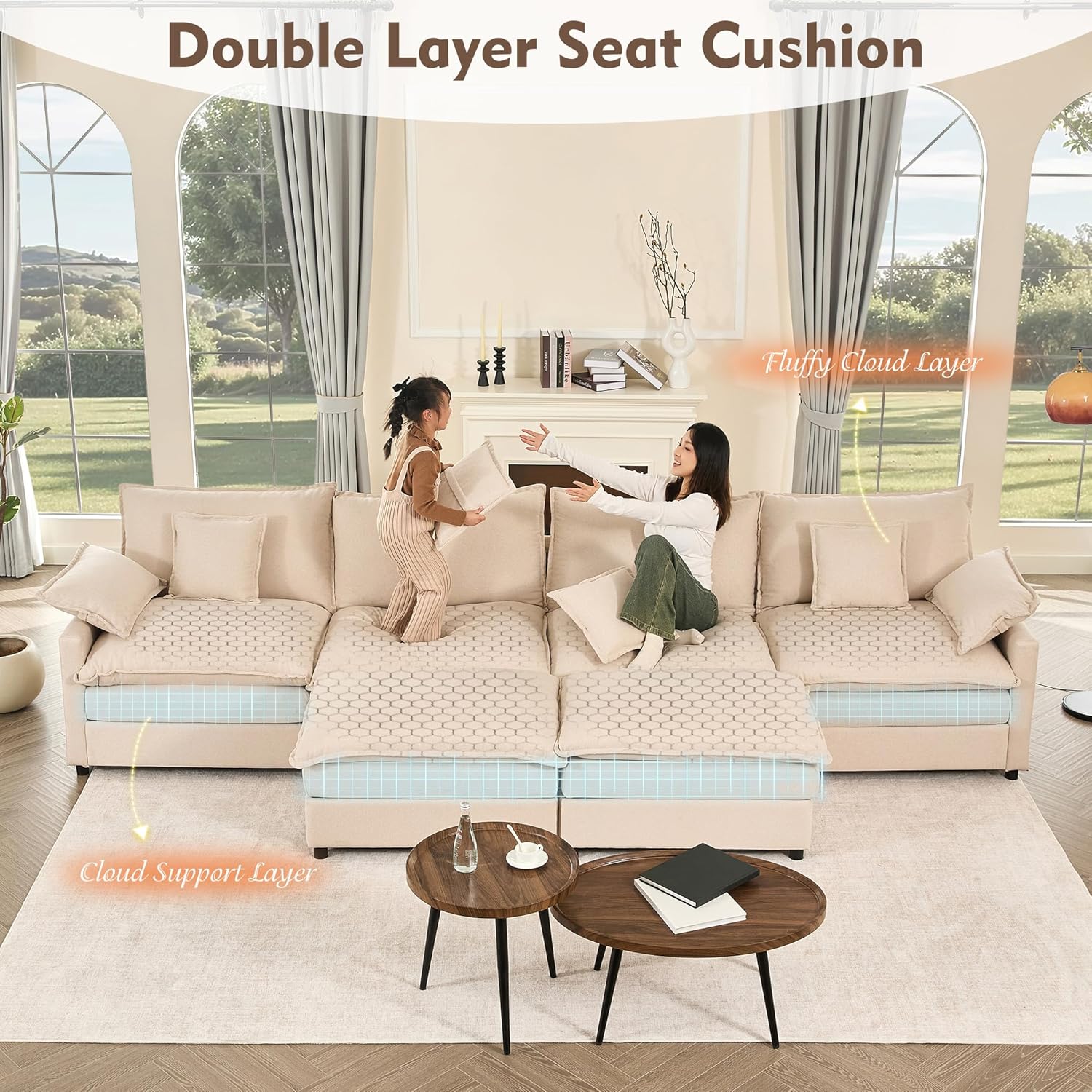 108 Inch U Shape Sofa Sectional Sofa Comfortable Cloud Sofa with Removable Footstool