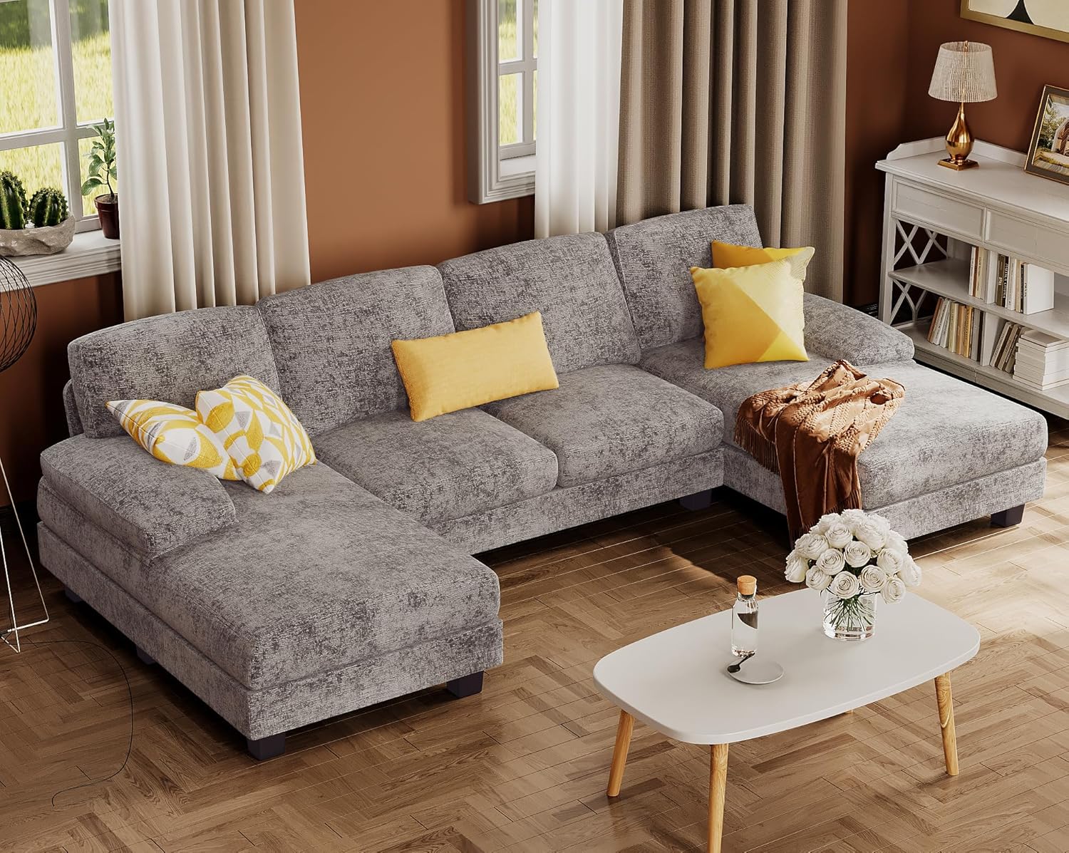 Furmax Sectional Couches for Living Room U-Shaped Sofa Couch Linen Fabric 4 Seat Sofa Set