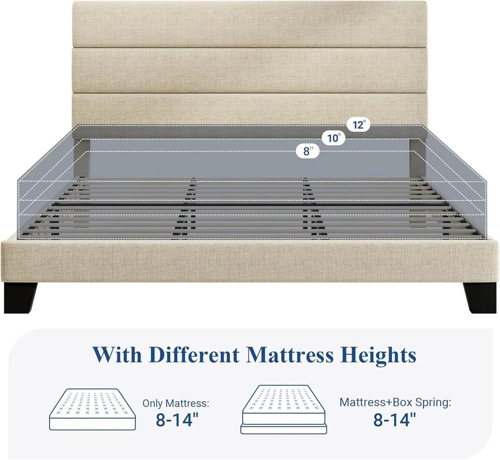 Allewie Queen Size Platform Bed Frame Fabric Upholstered Headboard Wooden Slats Support