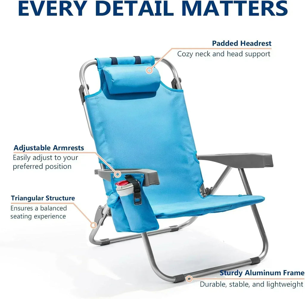 5-Position Aluminum Lay Flat Tall Backpack Beach Chairs 2 Pack Compact Portable Beach Chairs