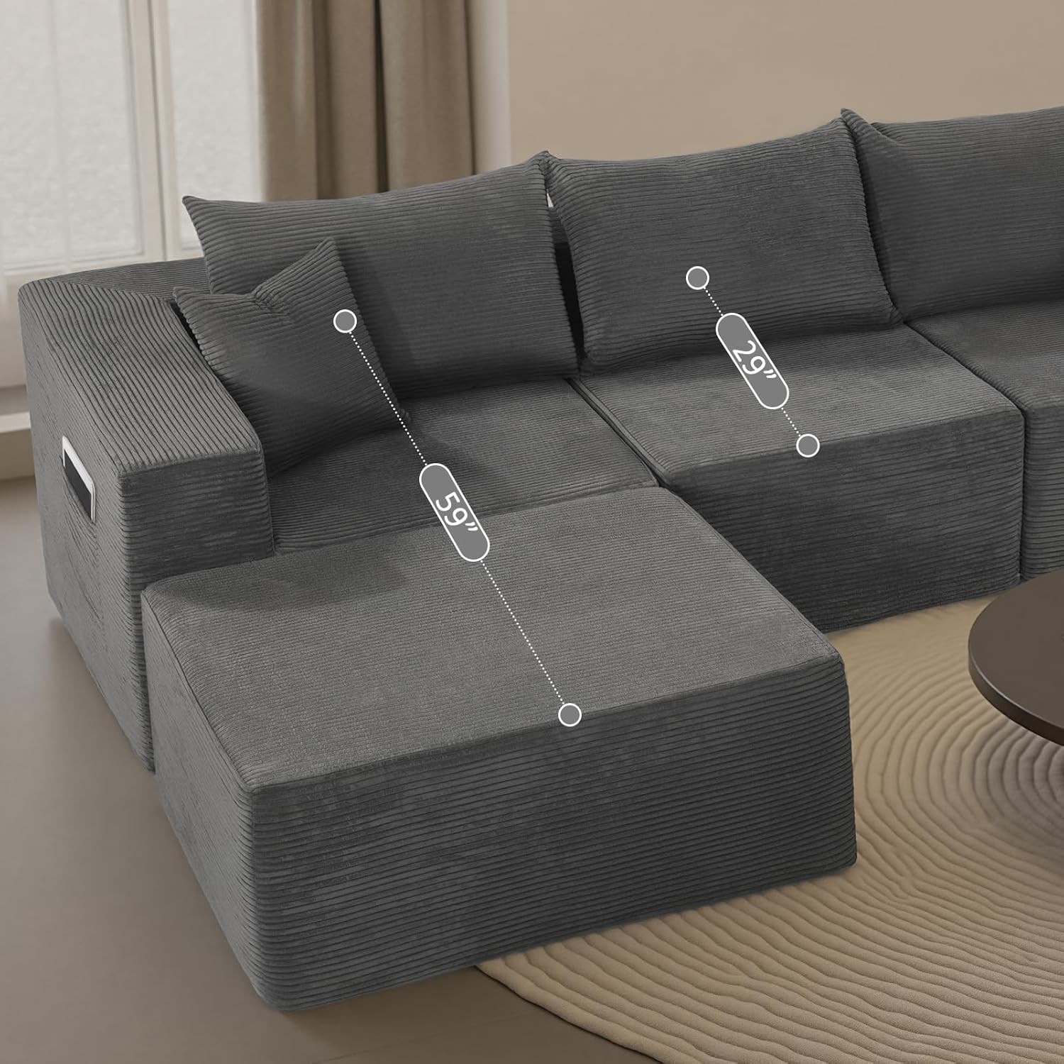 Cloud sofa with L-shaped lounge chair modern modular sofa with deep seats