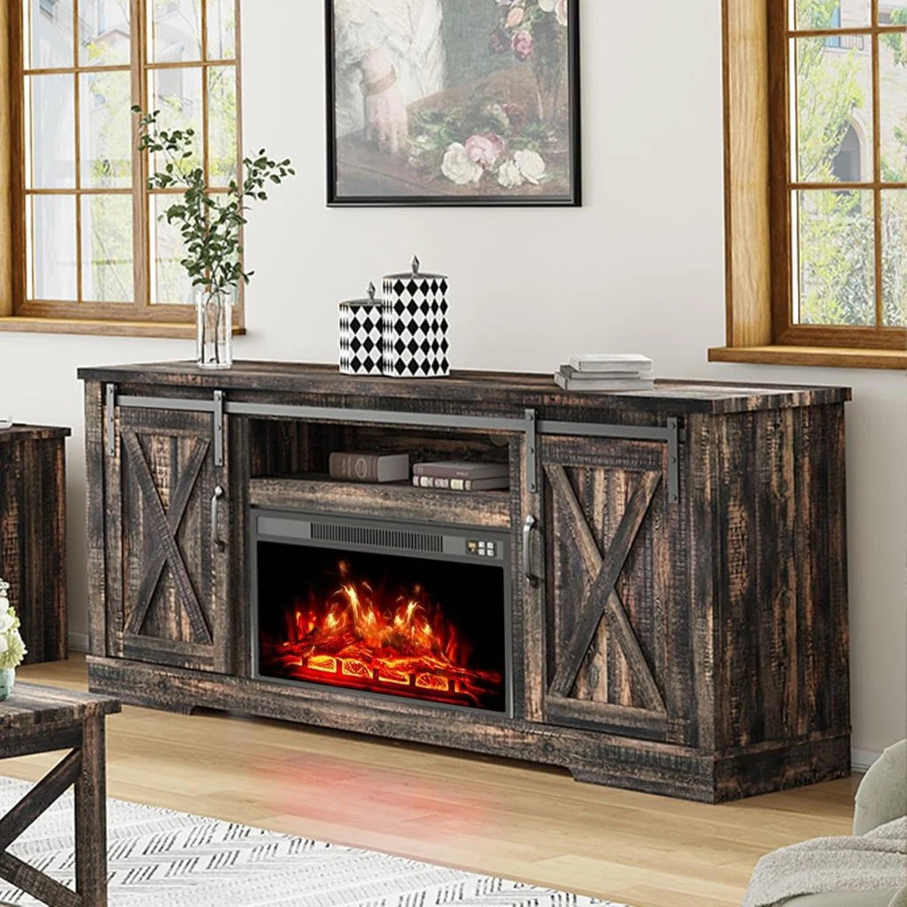 AMERLIFE Fireplace TV Stand with Sliding Barn Door for TVs up to 73, Farmhouse 63 Fireplace Entertainment Center with Storage Cabinets/Adjustable Shelves