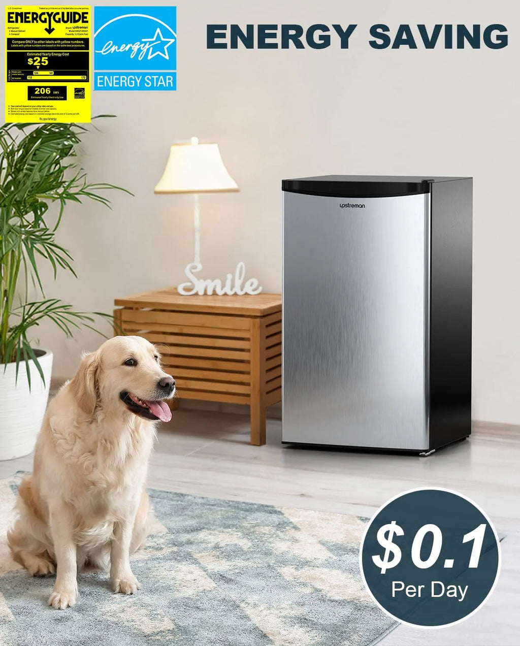 Upstreman 3.2 Cu.Ft Mini Fridge with Freezer, Single Door Mini Fridge, Dorm Fridge, Adjustable Thermostat, Mini Refrigerator