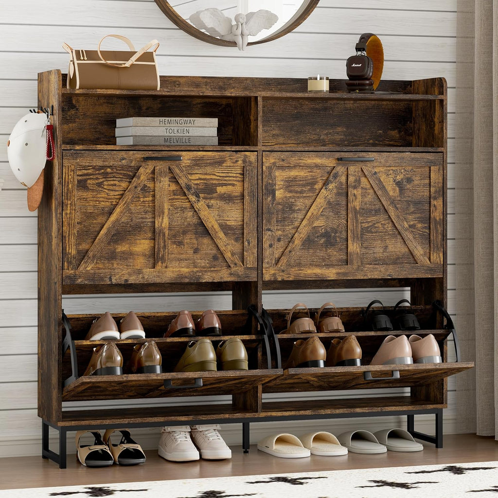 Shoe cabinet with 2 flip-top drawers Narrow shoe storage cabinet