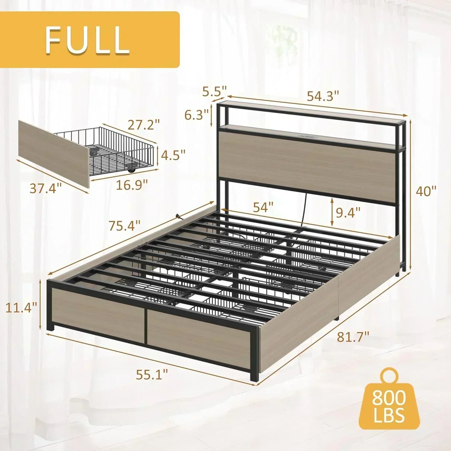 Lifezone Queen Bed Frame 2-Tier Storage Headboard Metal Platform Bed Frame 4 Storage Drawers
