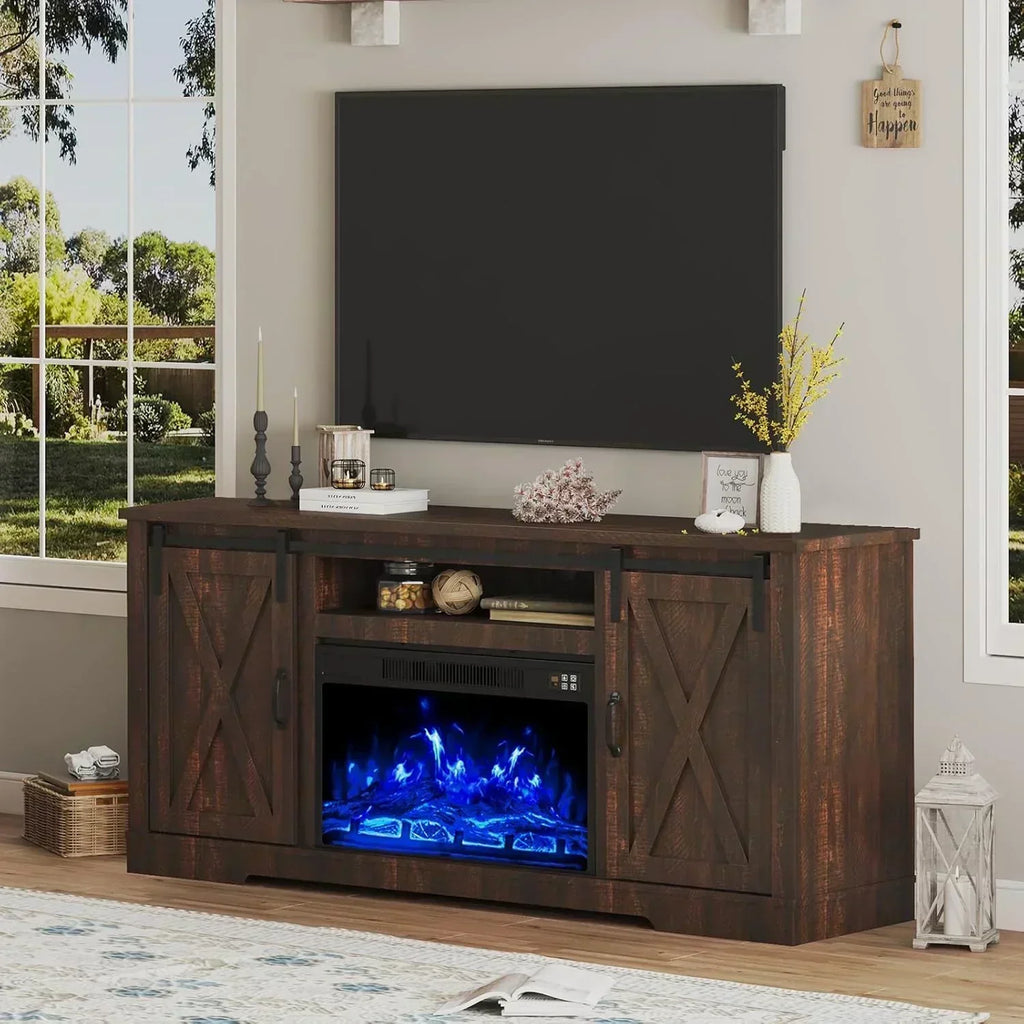 AMERLIFE Fireplace TV Stand with Sliding Barn Door  Farmhouse 63 Fireplace Entertainment Center