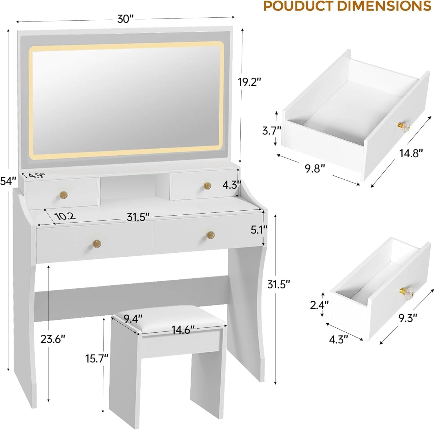 COMHOMA Makeup Vanity Desk with Mirror and Lights, Vanity Table and Chair Set