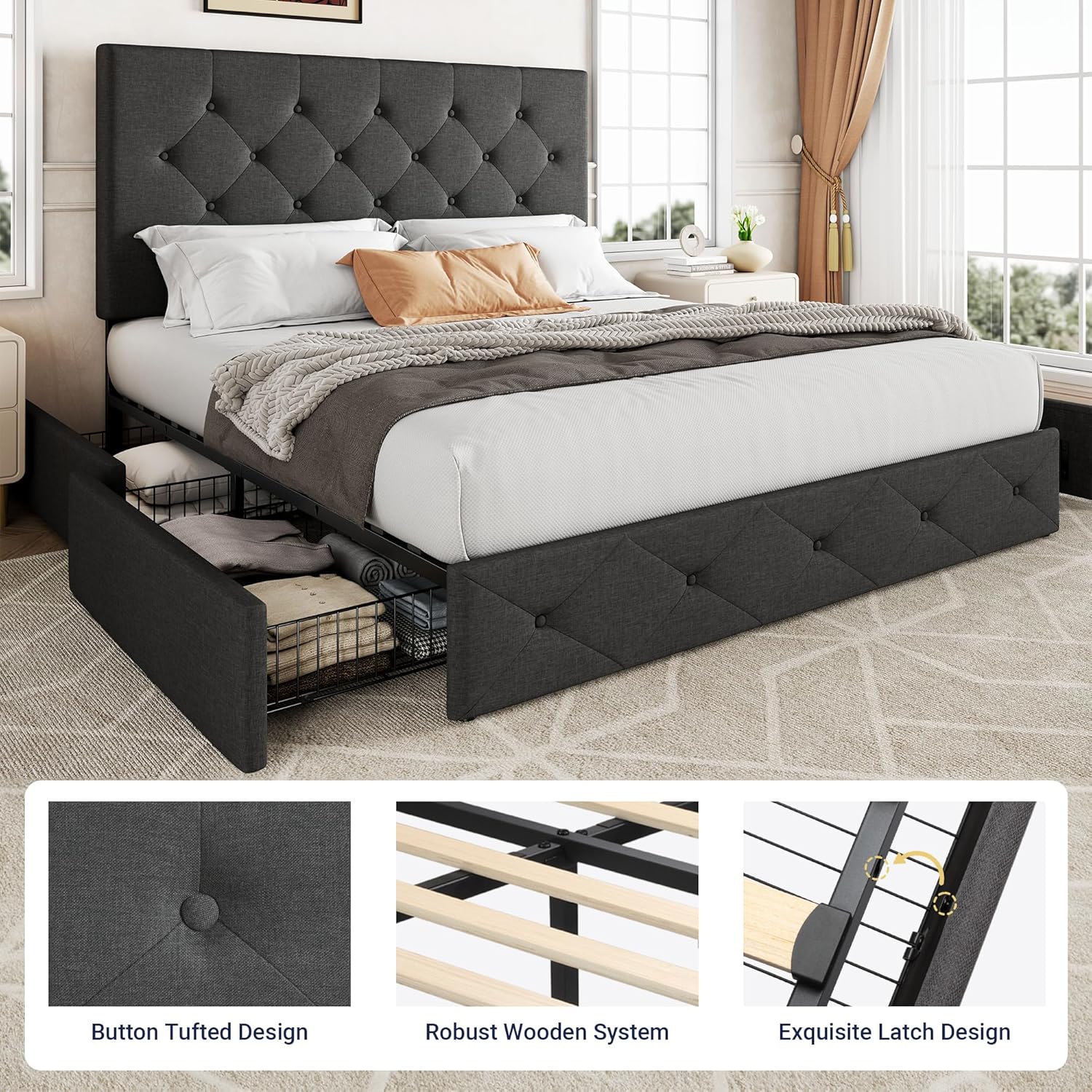 Allewie Upholstered Queen Size Platform Bed Frame with 4 Storage Drawers and Headboard
