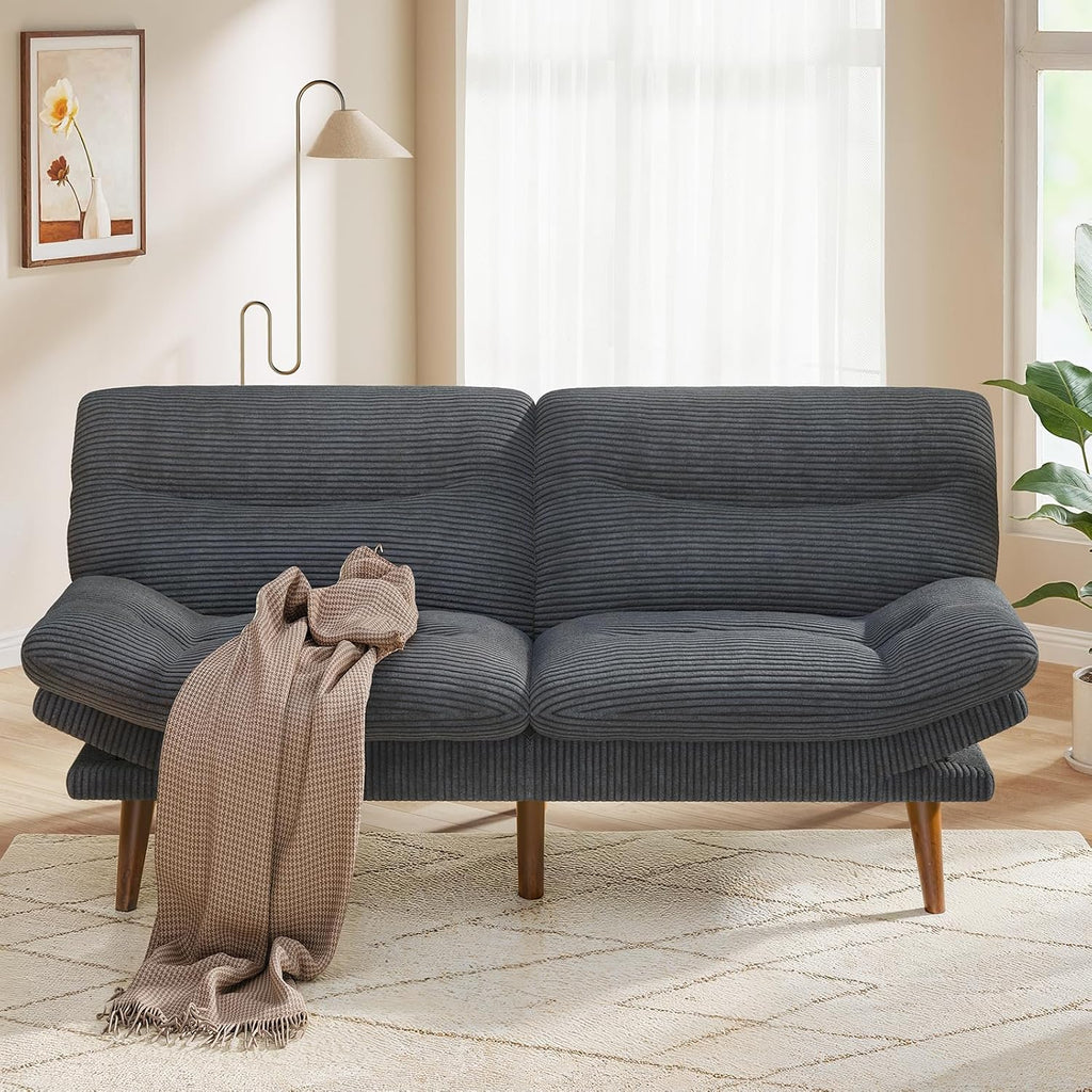 Pipishell Convertible Futon Sofa Bed,66 Corduroy Futon Couch with Adjustable Backrest and Armrests, Recliner Sleeper Sofa for Small Spaces, Play Room or Office, Grey