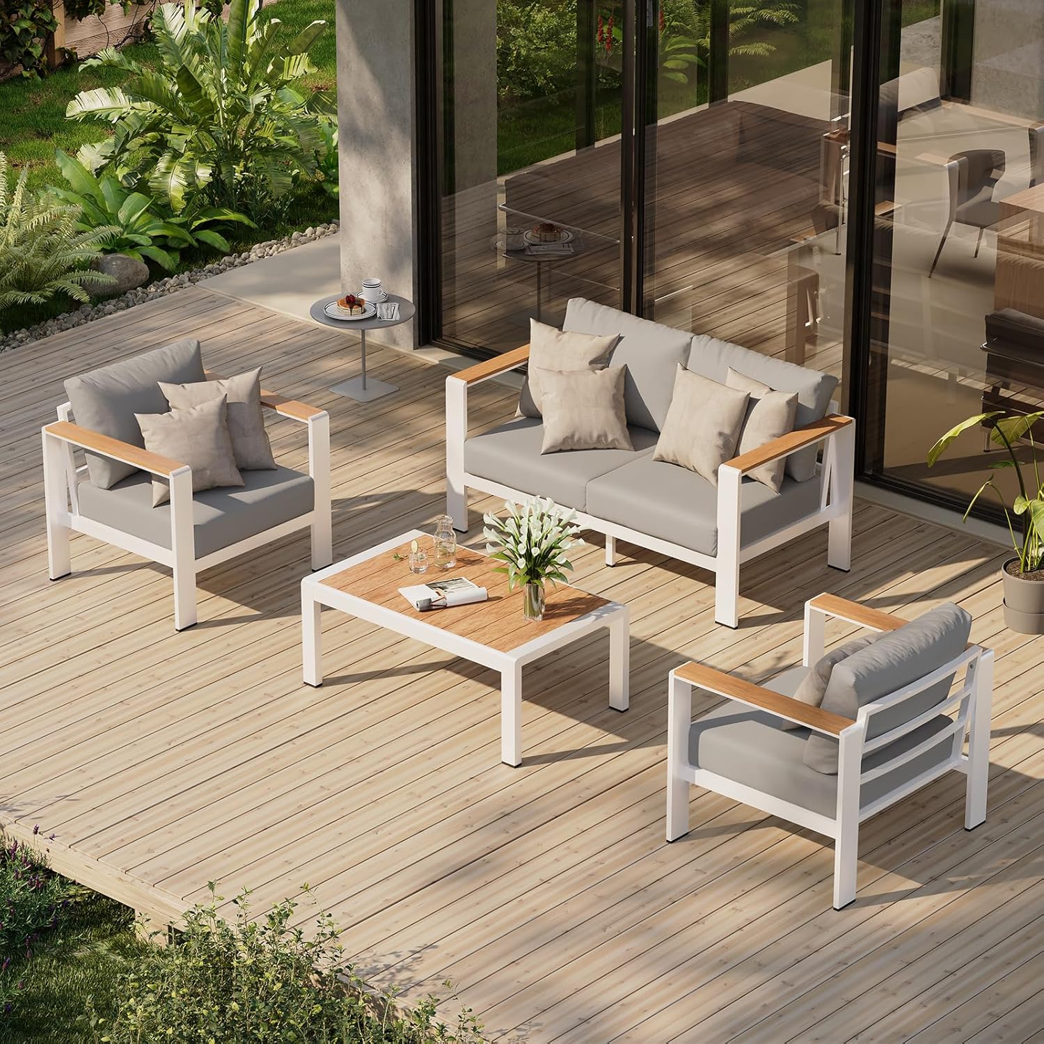 Aluminum Outdoor Patio Furniture Set with Coffee Table, 5 Piece Patio Conversation Sets, Outdoor Sectional Furniture for Porch, Balcony, Yard, Gray