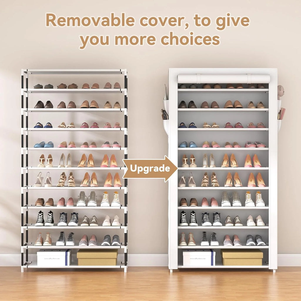 ROJASOP 10 Tier Shoe Rack with Covers Large Capacity Stackable Tall Shoe Shelf Storage