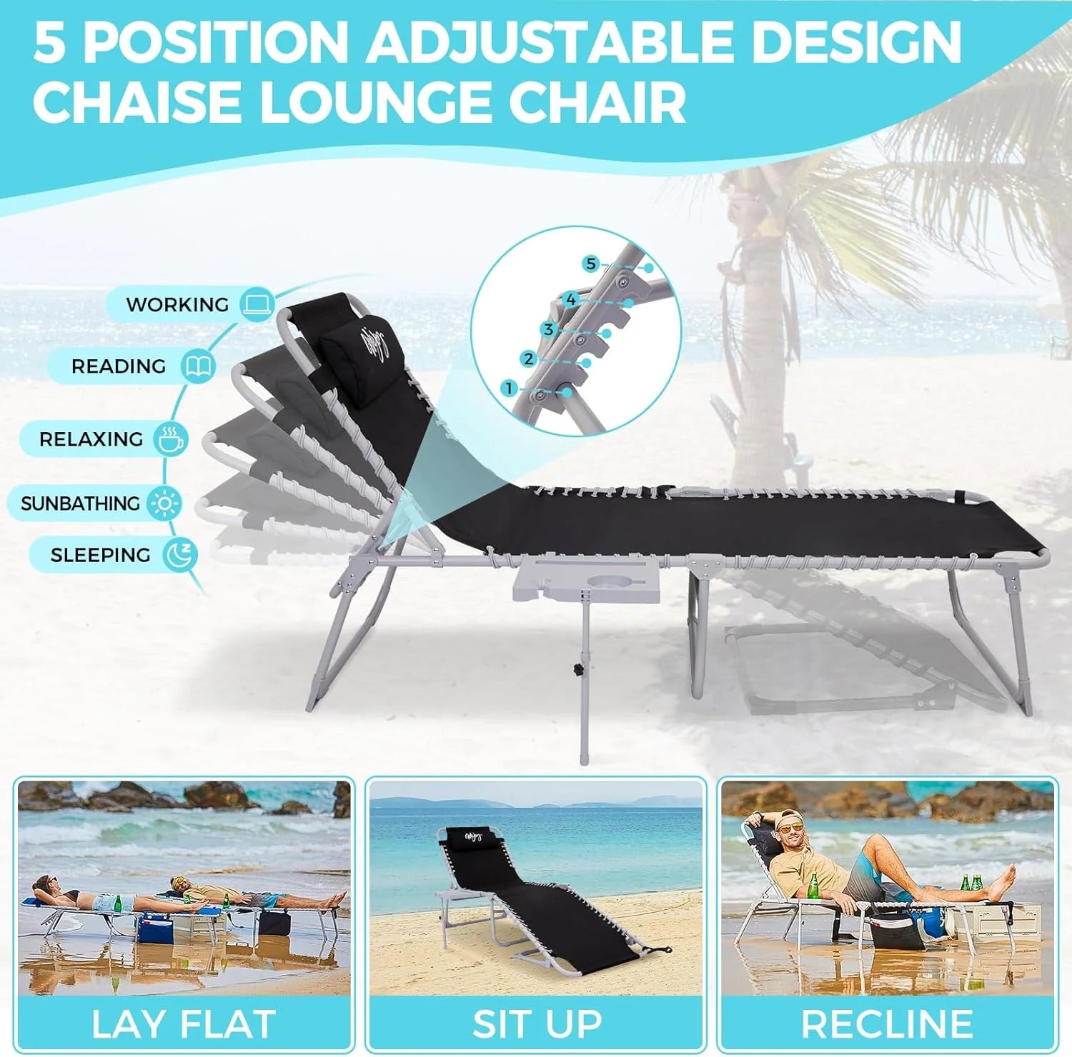 2 Pack Outdoor Chaise Lounge Chair - Portable Folding Patio Pool Lounge Chair, 5 Positions Adjustable Reclining Camping Chair with Side Table,Shoulder Strap, Pillow for Beach Sunbathing Lawn