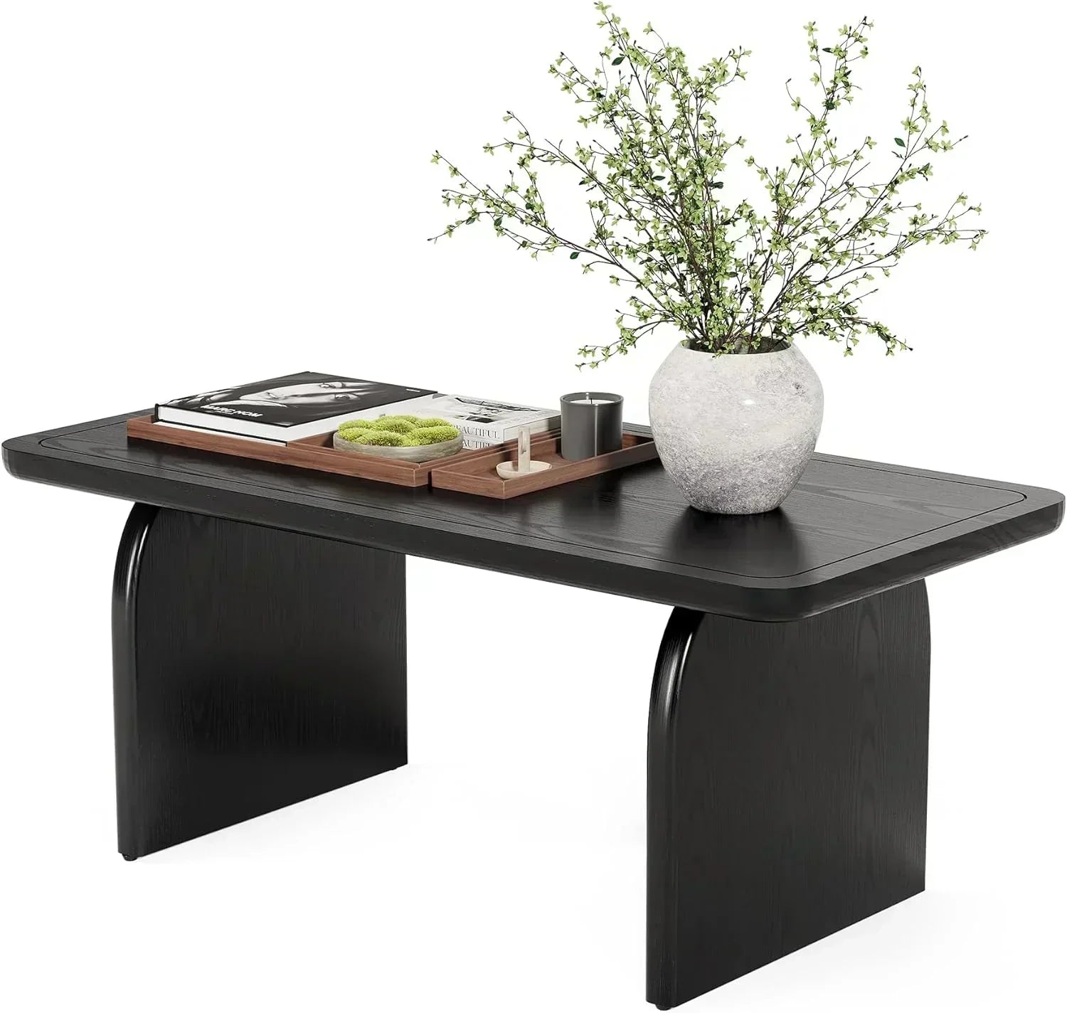 LITTLE TREE Farmhouse Coffee Table 47 Inch Round Corner Wood Center Table Rectangular