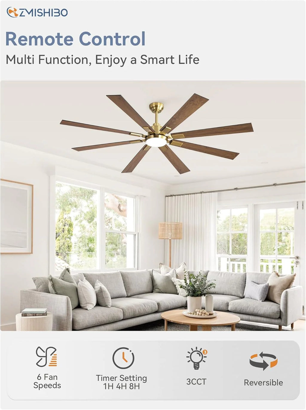 ZMISHIBO 72 inch Large Ceiling Fans with Lights and Remote, Indoor/Outdoor Black Modern Ceiling Fan for Kitchen Living Room Patio, 6 Speed Reversible Quiet DC Motor, 3 CCT, Dual Finish 8 Blades