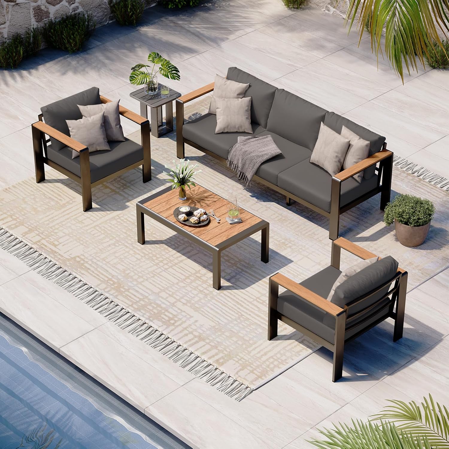 Aluminum Outdoor Patio Furniture Set with Coffee Table, 5 Piece Patio Conversation Sets, Outdoor Sectional Furniture for Porch, Balcony, Yard, Gray