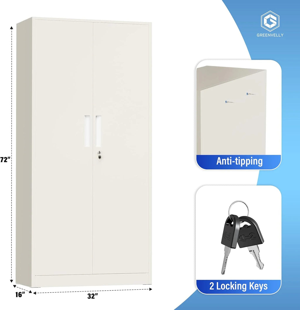 Greenvelly Metal Storage Cabinet, 72 Black Locking Metal Cabinet with 2 Doors and 4 Adjustable Shelves, Lockable Garage Storage Cabinets for Home Office, Garage, Kitchen, Living Room